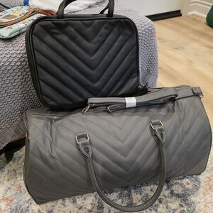 Ms. Lovely Vegan Leather Gray And Black Herringbone Travel Bag Set New